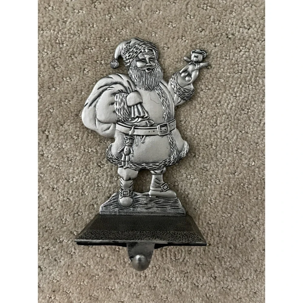 Santa Figurine Pewter Christmas Holiday Stocking Holder(Sits on Mantel) Rare